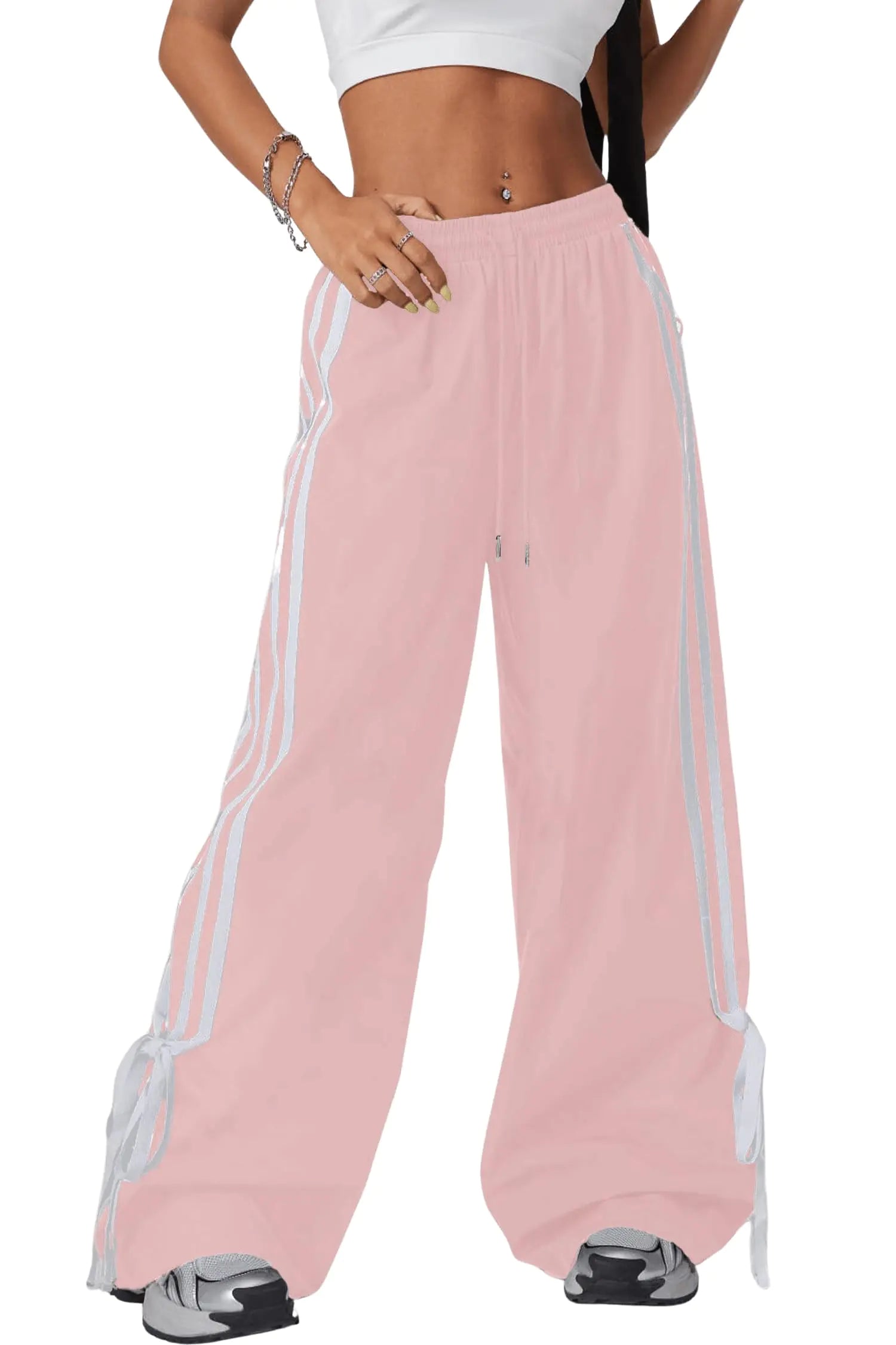 BEAUDRM Womens Y2K Baggy Pants Bow Wide Leg Pants Striped Track Pants Elastic Waist Long Pants Sweatpants Parachute Pants Pink