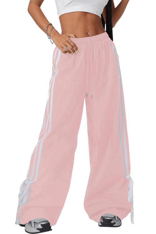 BEAUDRM Womens Y2K Baggy Pants Bow Wide Leg Pants Striped Track Pants Elastic Waist Long Pants Sweatpants Parachute Pants Pink
